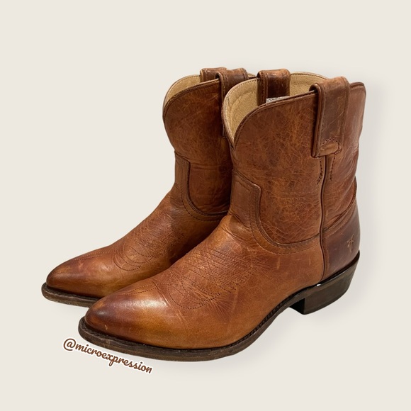 Frye Billy Short Pull On Cognac Brown Leather Southern Boho Cowboy Ankle Boot - Picture 10 of 14